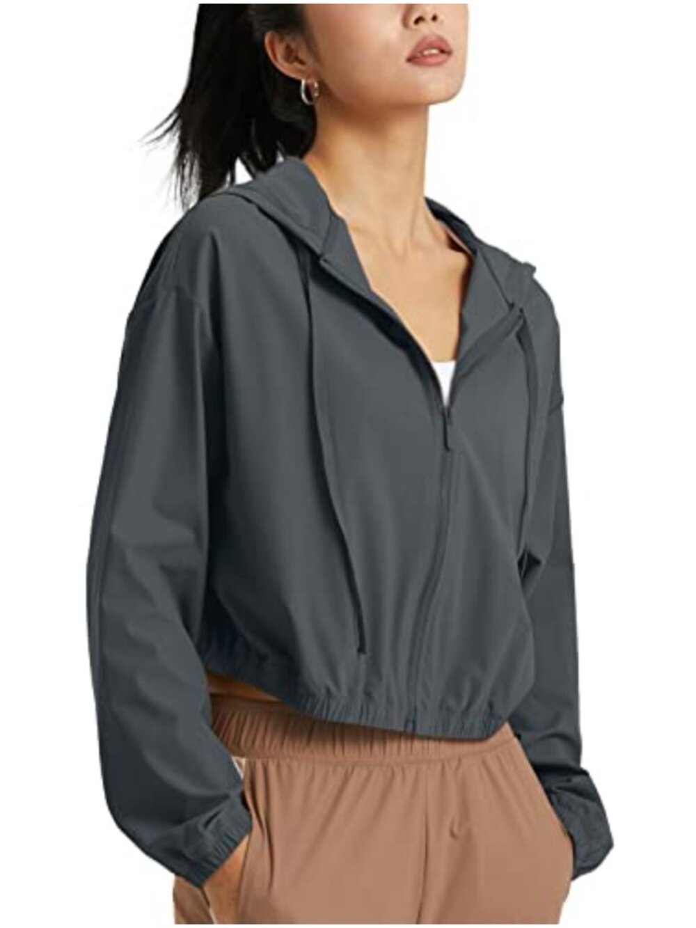 Women's UPF 50+ Cropped Hoodie Zip Up Cooling Athletic Running Shirt